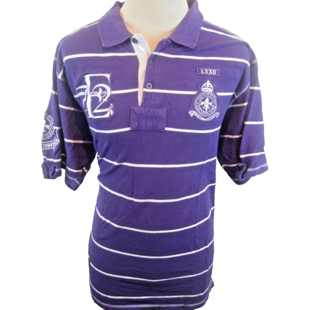 Mens Evolution Purple Stripe Cotton Golf Polo Casual Shirt w Logos sz 2XL